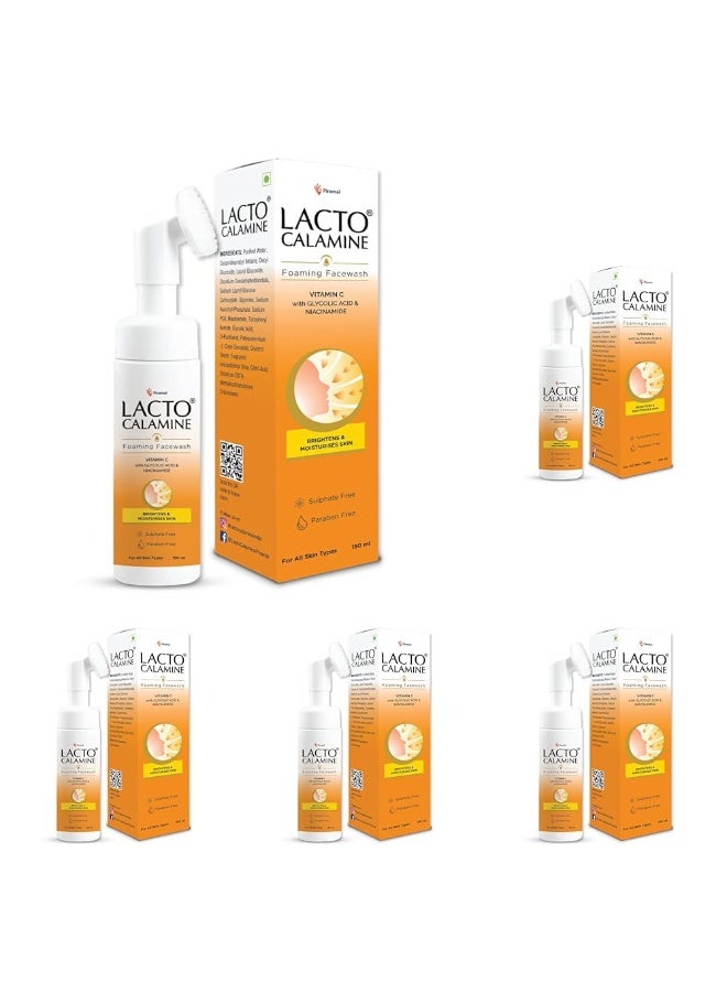 Lacto Calamine Vitamin C Foaming Face wash| Brightens skin & control blackheads & whiteheads| With Built-in foaming Brush|Sulphate free face wash| Paraben Free| 150 ml x Pack of 5 - Image 1